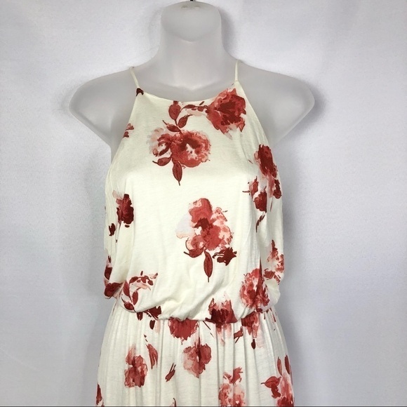 Lush Red Floral Ivory High Neck Long Maxi Dress With Side Slit S - Picture 3 of 6